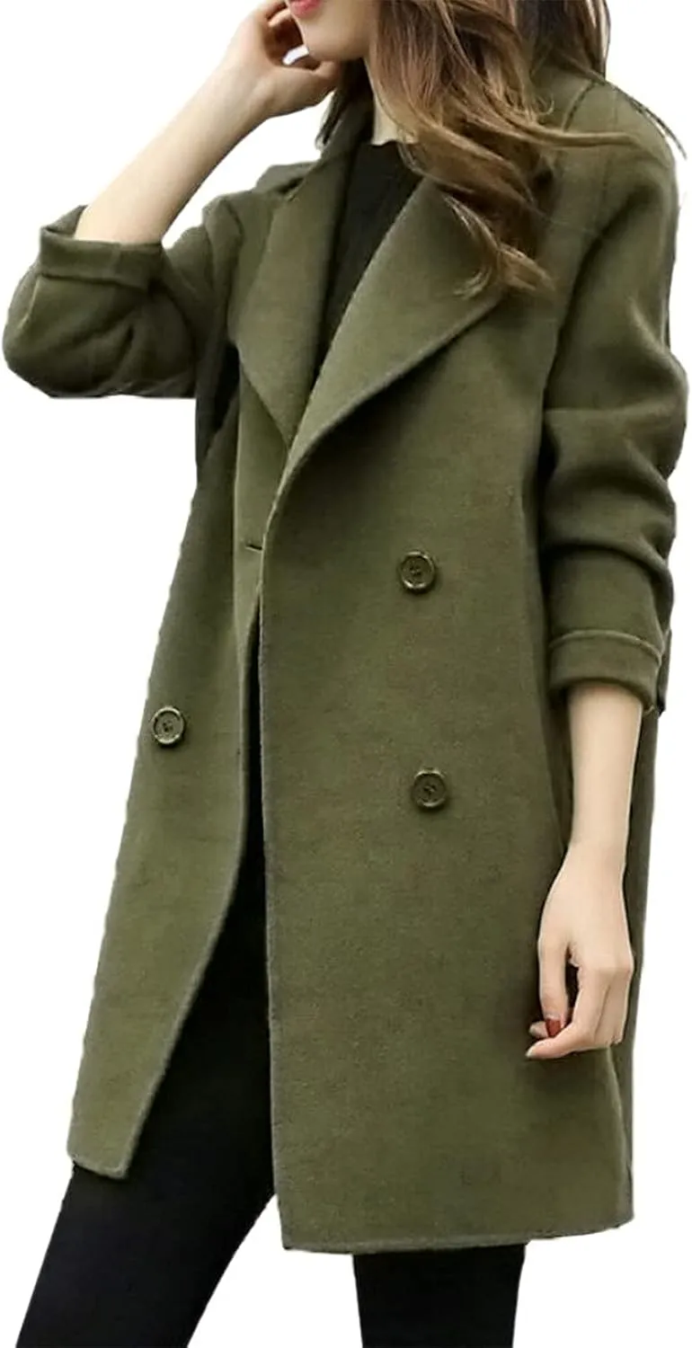 tuduoms Women's Notched Lapel Collar Double Breasted Pea Coat Ladies Winter Wool Blend Trench Coats Slim Long Blazer Jackets