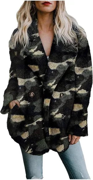 tuduoms Women's Wool Blend Coats Oversized Warm Fleece Shearling Jackets Como Tie Dye Print Button Down Outwear Teddy Coats