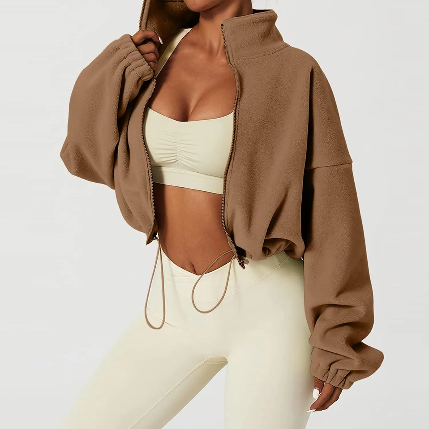 TUQIDEWU Womens Sweatshirt, Women's Full Zip Fleece Short Jacket Warm Winter Long Sleeve Stand Collar Sherpa Cropped Coats