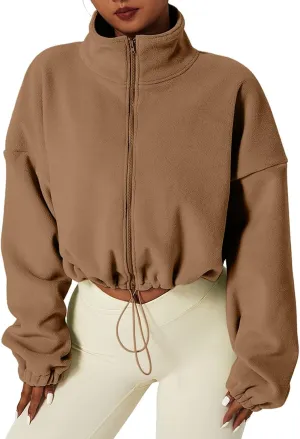 TUQIDEWU Womens Sweatshirt, Women's Full Zip Fleece Short Jacket Warm Winter Long Sleeve Stand Collar Sherpa Cropped Coats