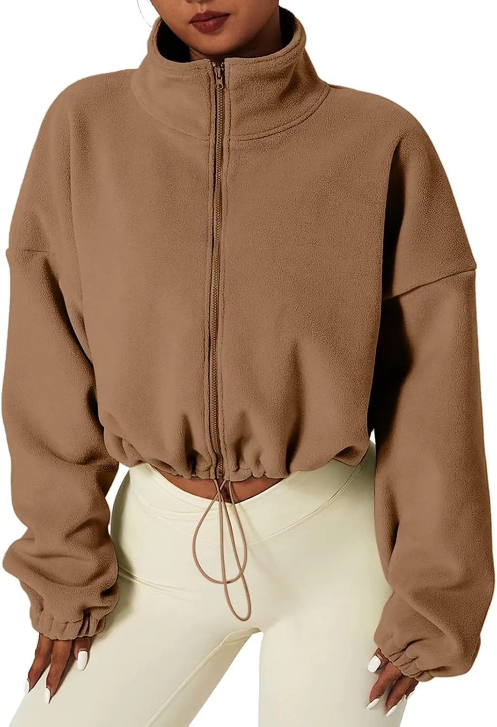 TUQIDEWU Womens Sweatshirt, Women's Full Zip Fleece Short Jacket Warm Winter Long Sleeve Stand Collar Sherpa Cropped Coats