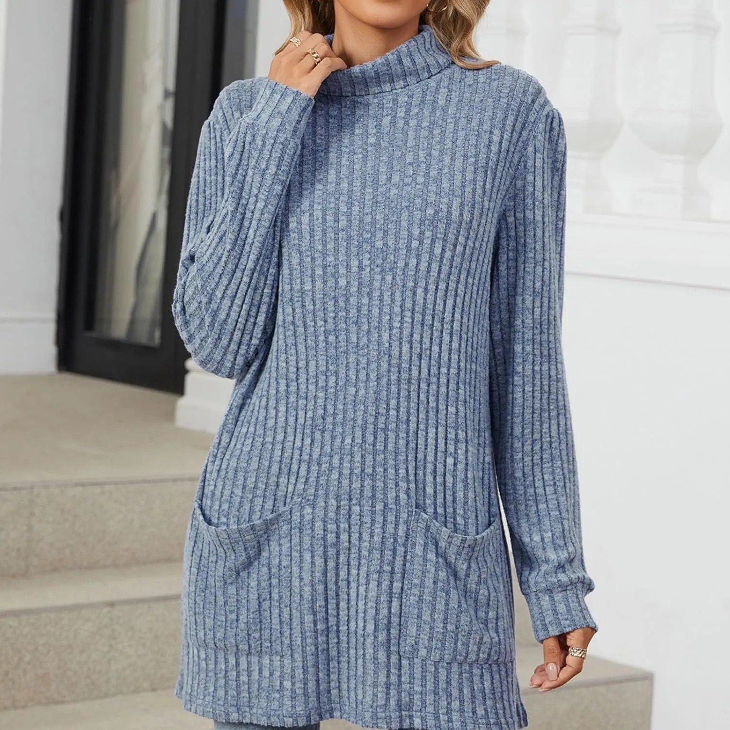 Turtle Neck Long Sleeve Sweater for Women Mid Length Casual Sweater Oversized Winter Pullover Blouse with Pockets