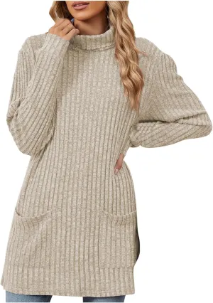 Turtle Neck Long Sleeve Sweater for Women Mid Length Casual Sweater Oversized Winter Pullover Blouse with Pockets