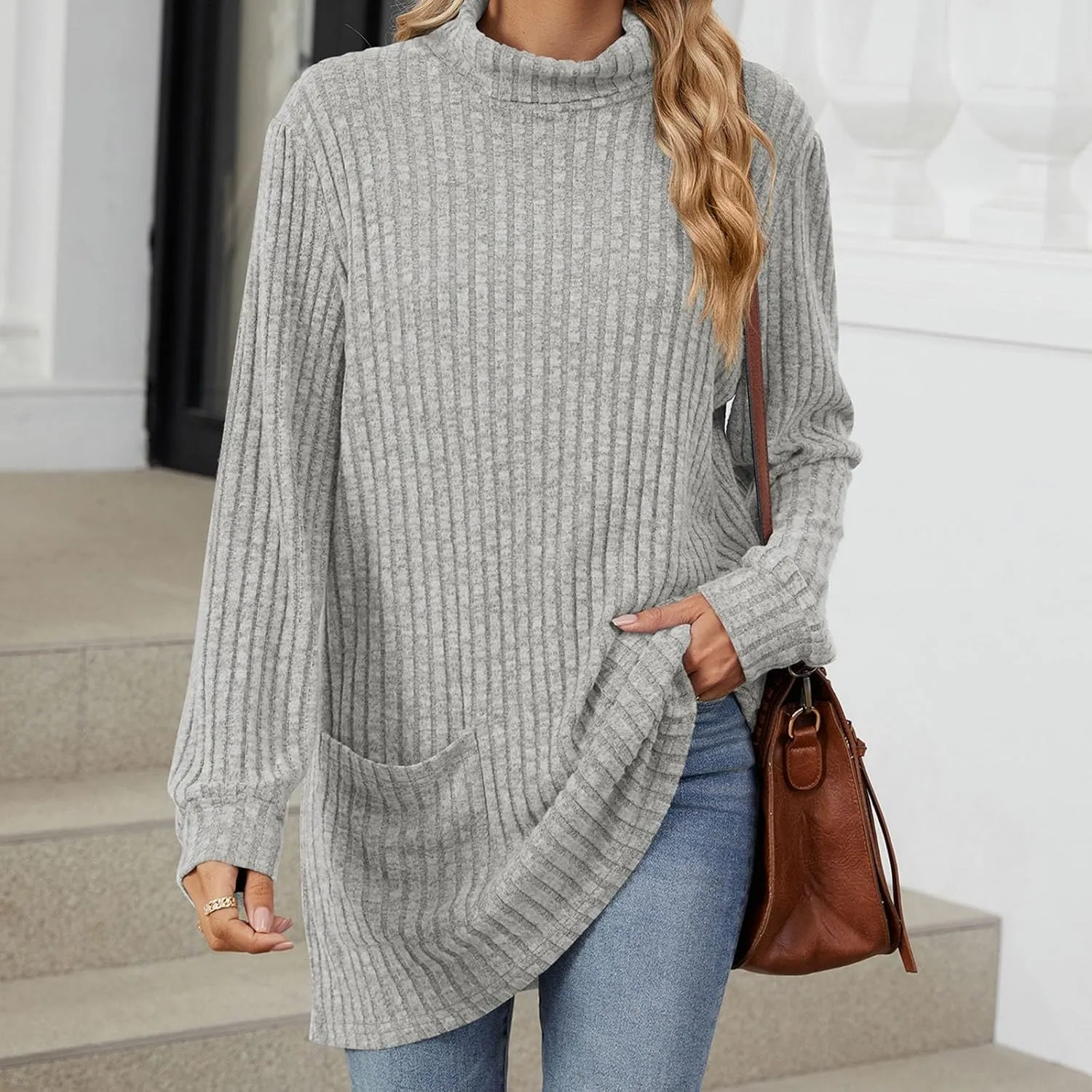 Turtle Neck Long Sleeve Sweater for Women Mid Length Casual Sweater Oversized Winter Pullover Blouse with Pockets