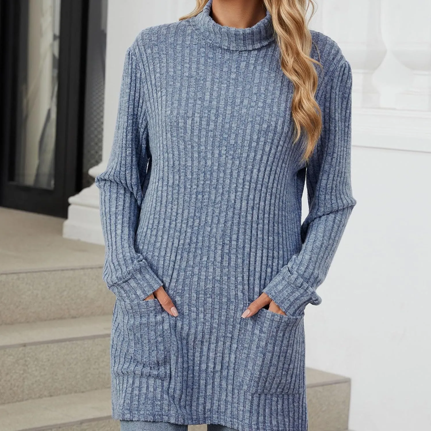 Turtle Neck Long Sleeve Sweater for Women Mid Length Casual Sweater Oversized Winter Pullover Blouse with Pockets