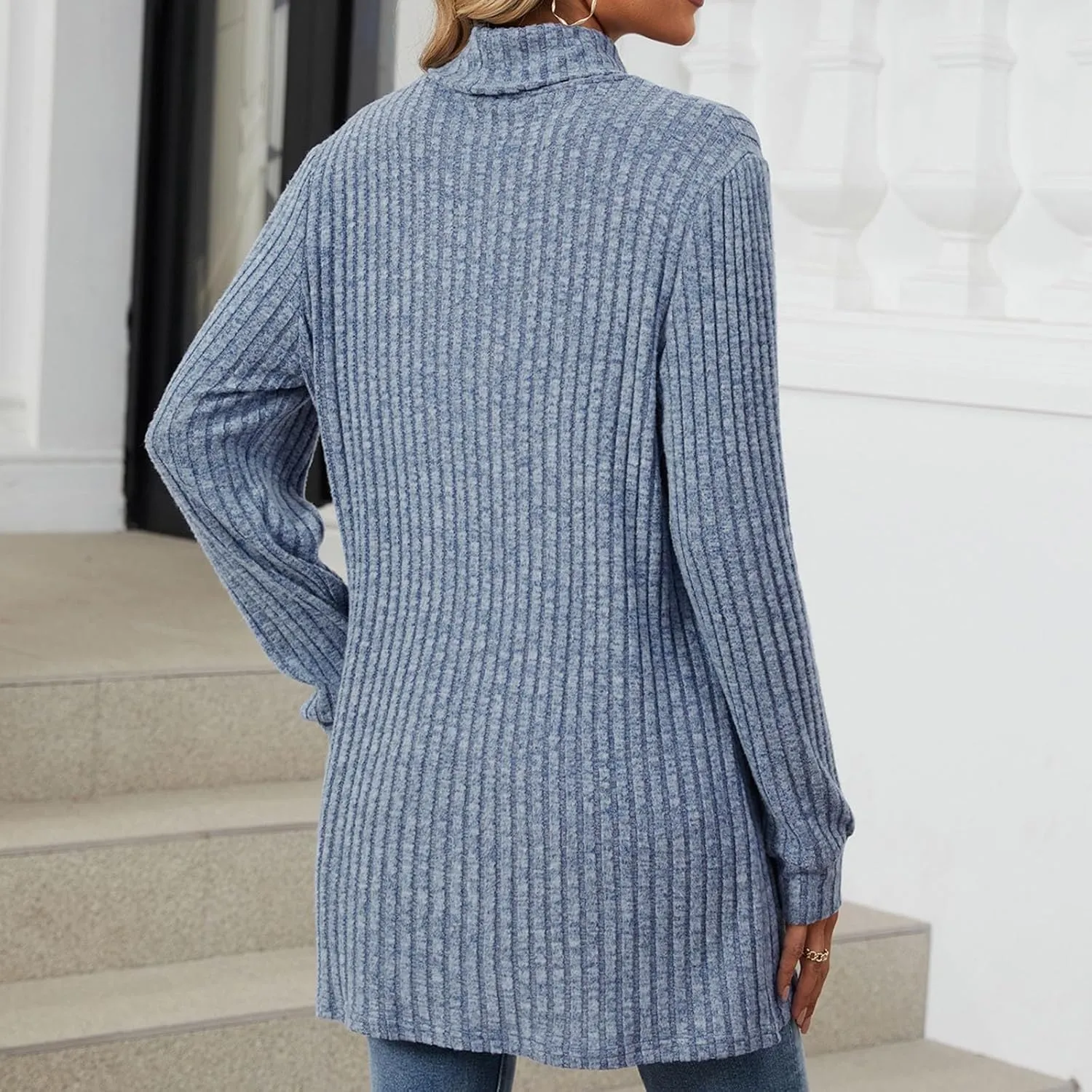 Turtle Neck Long Sleeve Sweater for Women Mid Length Casual Sweater Oversized Winter Pullover Blouse with Pockets