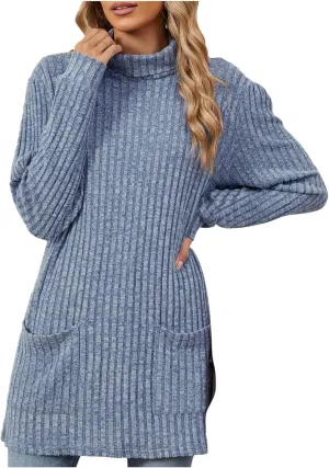 Turtle Neck Long Sleeve Sweater for Women Mid Length Casual Sweater Oversized Winter Pullover Blouse with Pockets