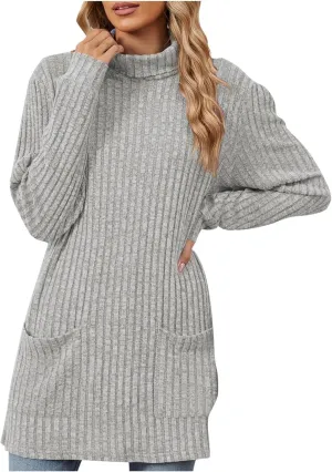 Turtle Neck Long Sleeve Sweater for Women Mid Length Casual Sweater Oversized Winter Pullover Blouse with Pockets