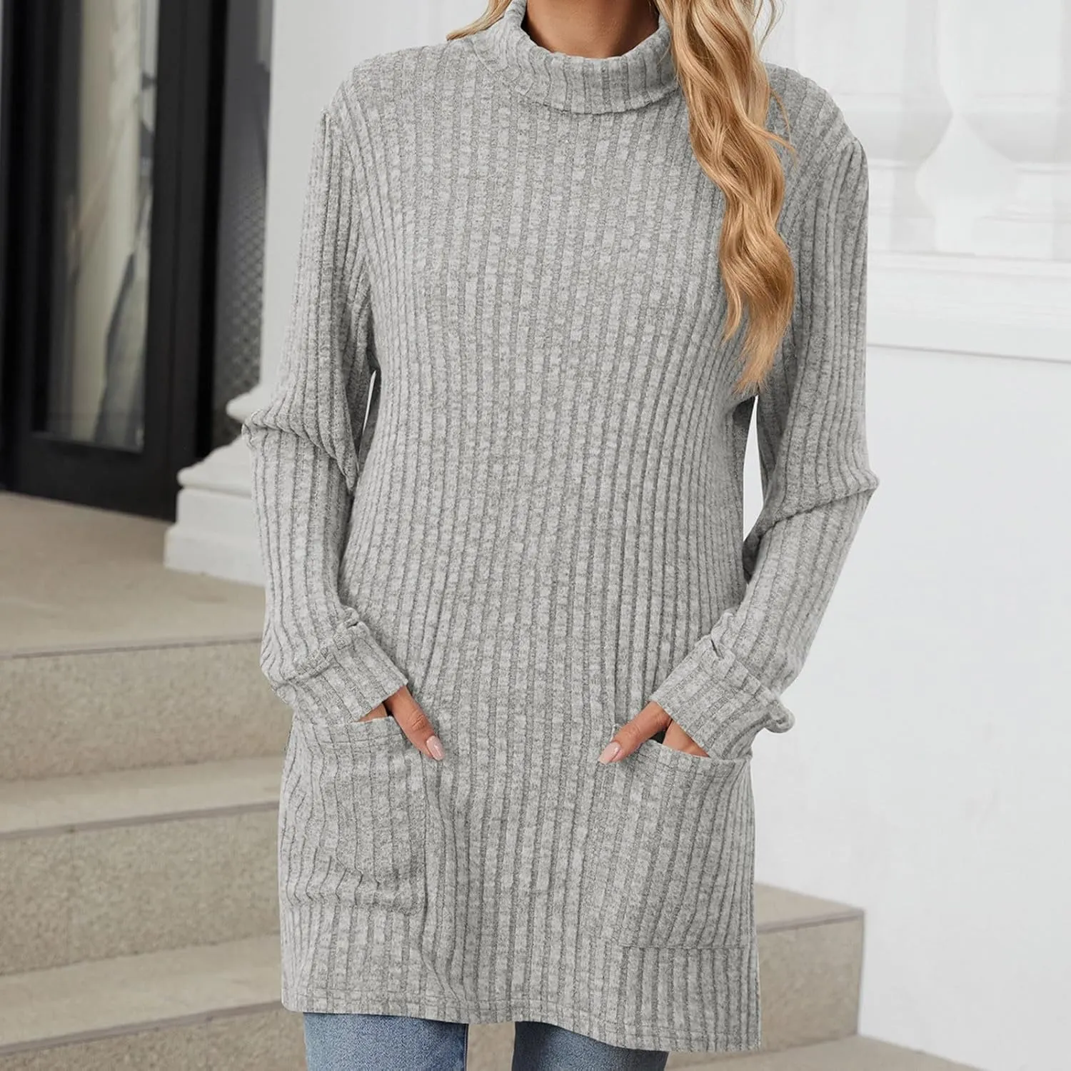 Turtle Neck Long Sleeve Sweater for Women Mid Length Casual Sweater Oversized Winter Pullover Blouse with Pockets