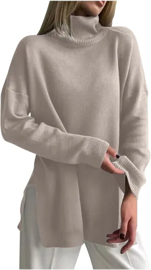 Turtleneck Sweater for Women Plus Size Fall 2024 Side Split Loose Pullover Tops Winter Solid Color Oversized Sweaters