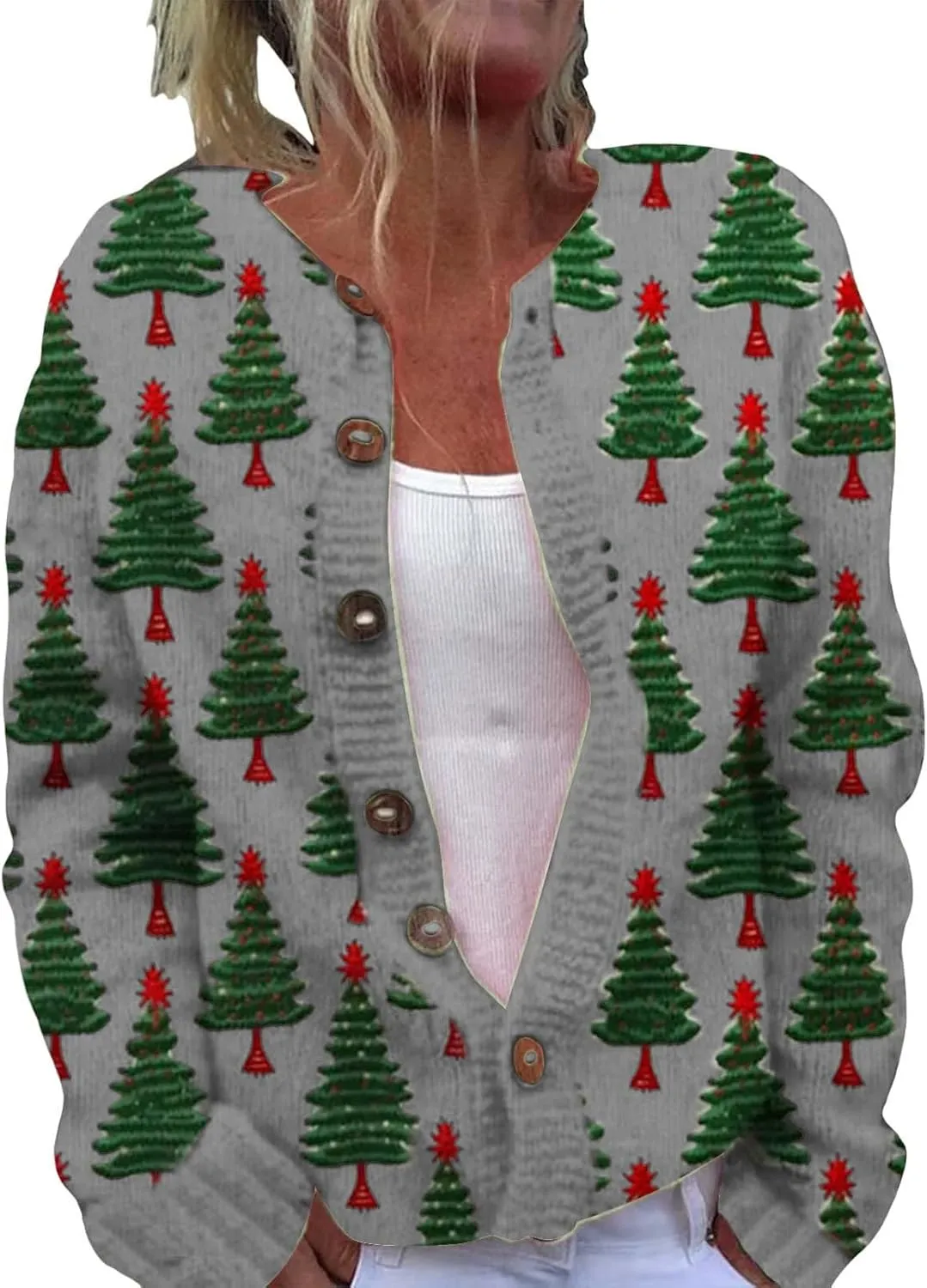 Ugly Christmas Sweater Floral Print Comfortable Knitted Cardigan Casual Oversized Knit Open Front Coatigan Plus Size
