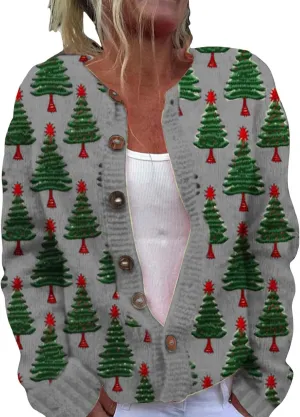 Ugly Christmas Sweater Floral Print Comfortable Knitted Cardigan Casual Oversized Knit Open Front Coatigan Plus Size