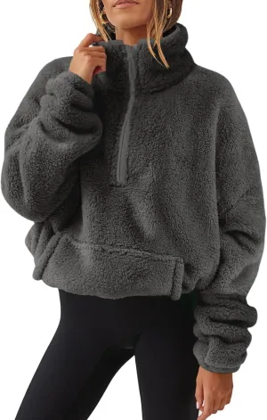 Uillui Womens Casual Sherpa Jacket Half Zip Fleece Pullover Oversized Cropped Sweatshirt Pockets Loose Fluffy Fuzzy Sweater
