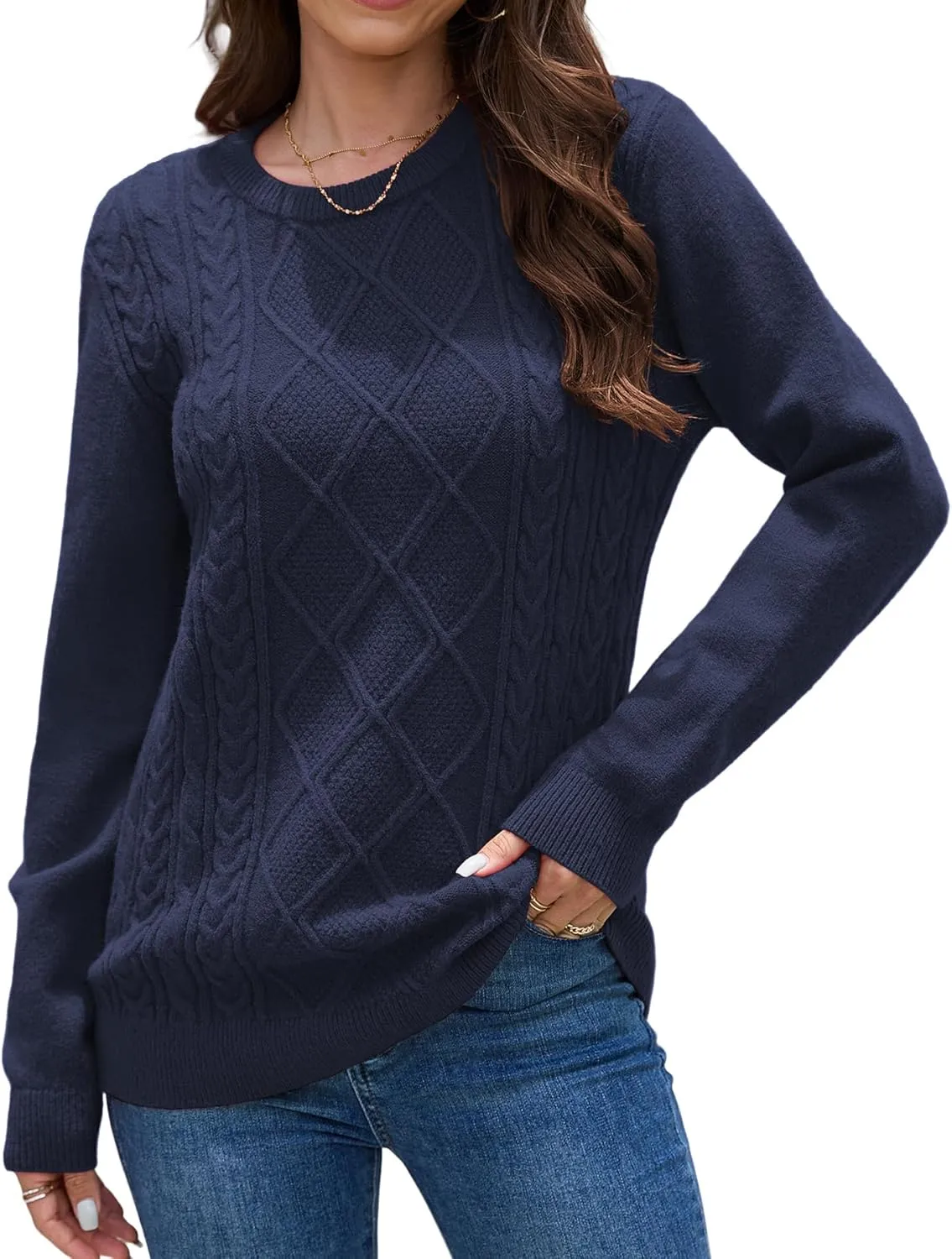 VIISHOW Women's Long Sleeve Cable Knit Pullover Sweater Cream Sweater Crew Neck Casual Fall Winter Chunky Knit Pullover Tops