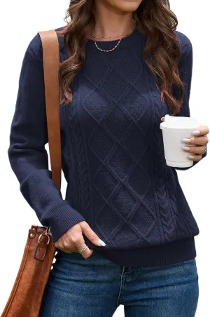 VIISHOW Women's Long Sleeve Cable Knit Pullover Sweater Cream Sweater Crew Neck Casual Fall Winter Chunky Knit Pullover Tops
