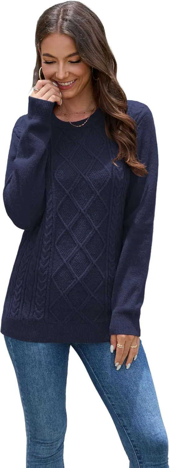 VIISHOW Women's Long Sleeve Cable Knit Pullover Sweater Cream Sweater Crew Neck Casual Fall Winter Chunky Knit Pullover Tops