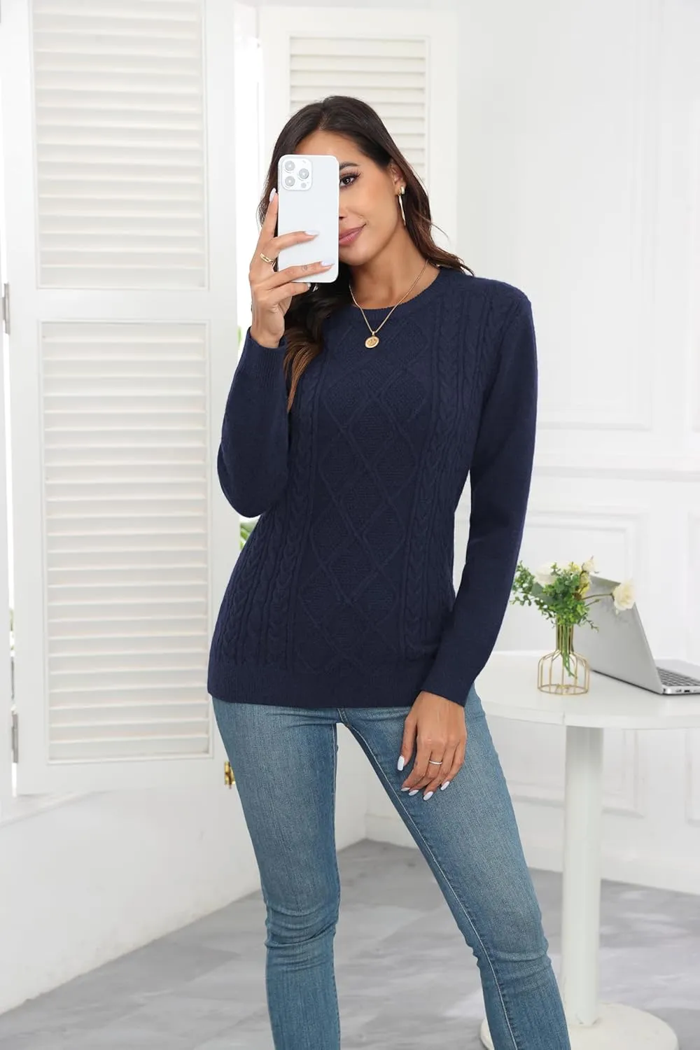 VIISHOW Women's Long Sleeve Cable Knit Pullover Sweater Cream Sweater Crew Neck Casual Fall Winter Chunky Knit Pullover Tops