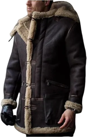 Wankang Faux Fur Coat Men Fleece Sherpa Lined Faux Leather Trench Coat Men Suede Shearling Jacket Long Trench Coat for Men
