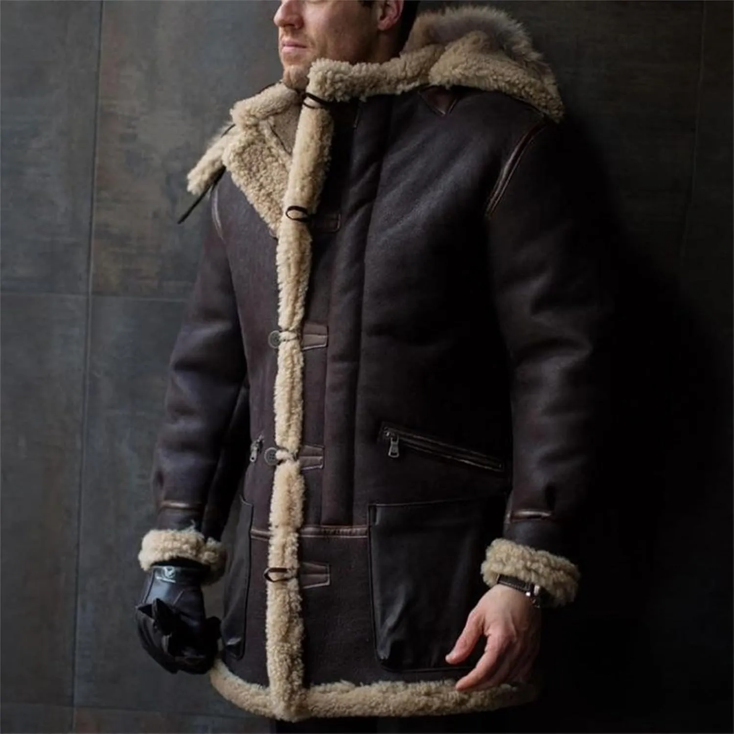 Wankang Faux Fur Coat Men Fleece Sherpa Lined Faux Leather Trench Coat Men Suede Shearling Jacket Long Trench Coat for Men