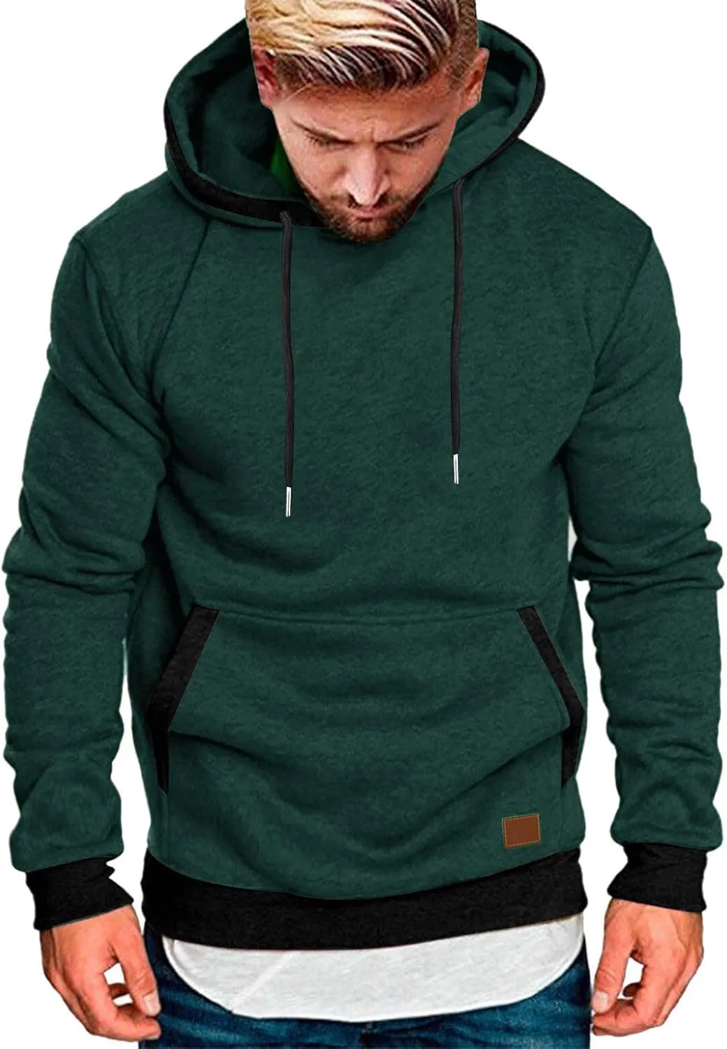 Wankang Mens Athletic Pullover Hoodies Color Block Long Sleeve Hooded Sweatshirts Casual Drawstring Tops with Kanga Pocket