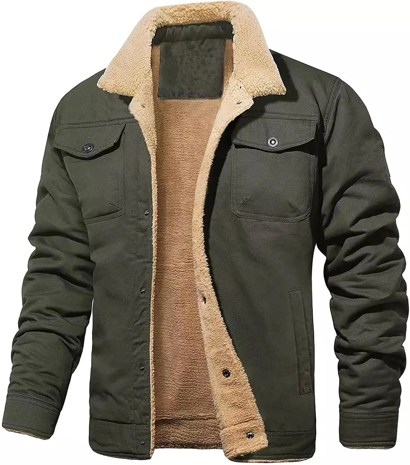 Winter Coat For Men Faux Leather Bomber Jacket For Men Vintage Turn-Down Collar Sherpa Lined Jackets Cargo Coat
