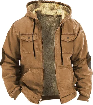 Winter Coats For Men Solid Hooded Zipper Warm Cardigan Knitted Coat Washed Duck Sherpa-Lined Utility Jacket Peacoat