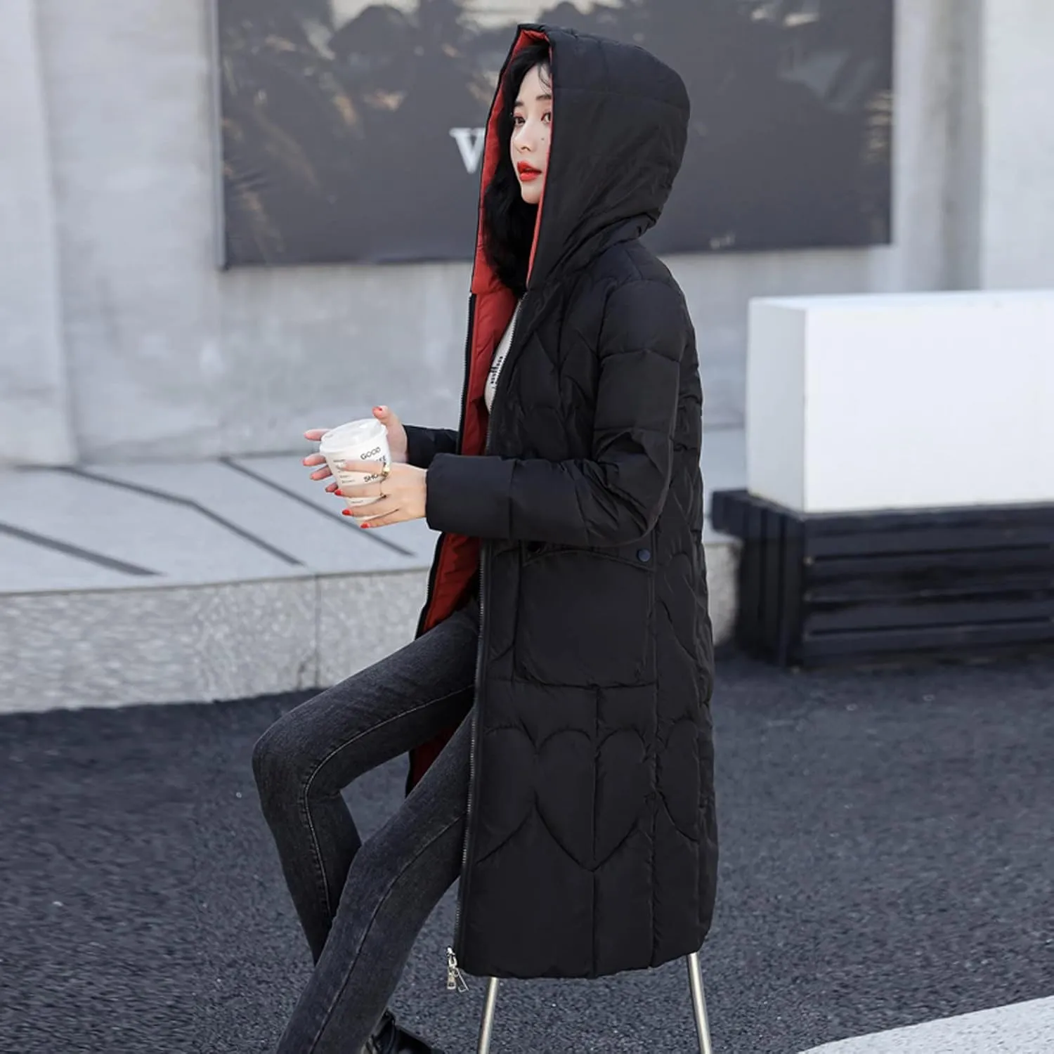 Winter Coats for Women Trendy Long Puffer Jacket Reversible Wear Zipper Hooded Down Coat Casual Warm Quilted Outwear