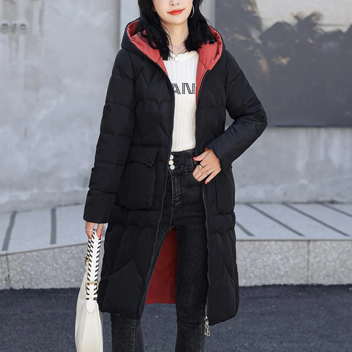 Winter Coats for Women Trendy Long Puffer Jacket Reversible Wear Zipper Hooded Down Coat Casual Warm Quilted Outwear