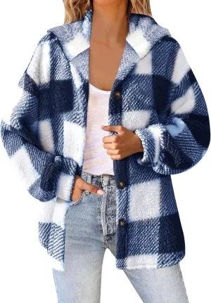 Winter Fleece Jacket for Women Zip Up Stand Collar Coats with Pockets Fleece Jacket Hooded Long Sleeve Outerwear