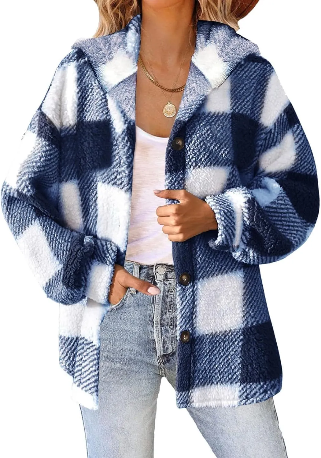 Winter Fleece Jacket for Women Zip Up Stand Collar Coats with Pockets Fleece Jacket Hooded Long Sleeve Outerwear