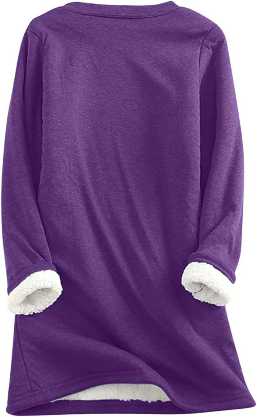 Winter Fleece Lined Warm Shirts for Women Solid Color Raglan Long Sleeve Crewneck Tunic Tees Casual Thermal Top