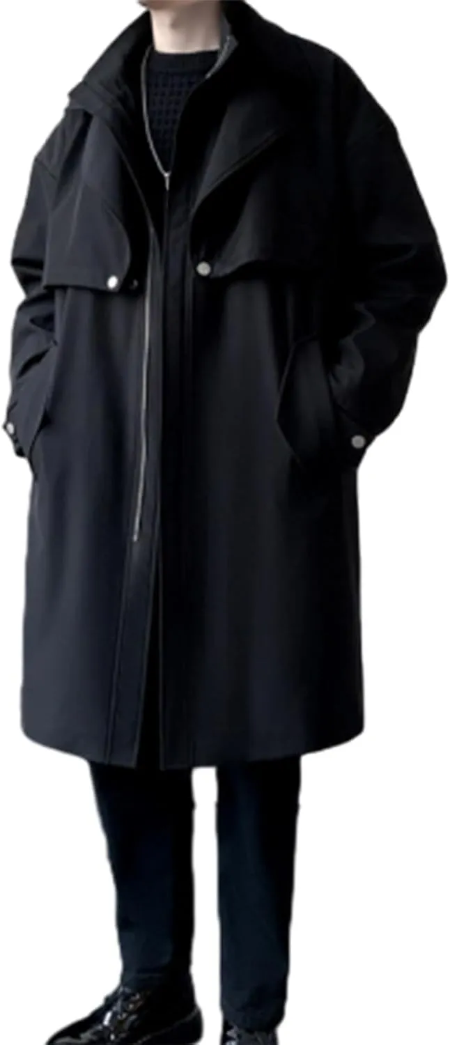 Winter Trench Coat for Men Big and Tall Wool Coat Long Pea Coat Notch Collar Cardigan Button Down Trench Coat