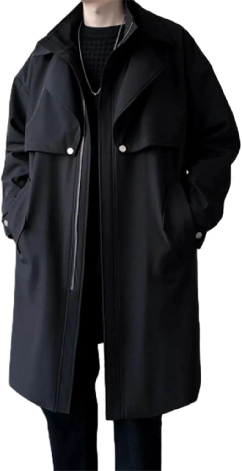 Winter Trench Coat for Men Big and Tall Wool Coat Long Pea Coat Notch Collar Cardigan Button Down Trench Coat