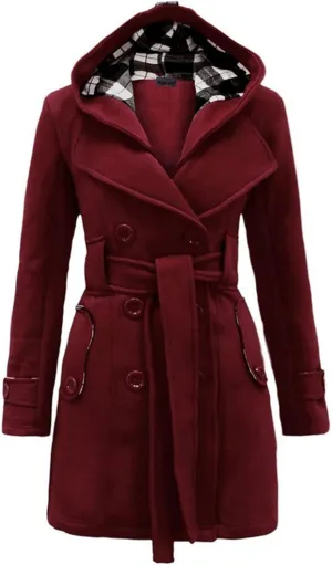 Wkishenl Women's Trench Coat Double Breasted Pea Coat Classic Lapel Mid-Long Overcoat Belted Slim Solid Outerwear with Hood