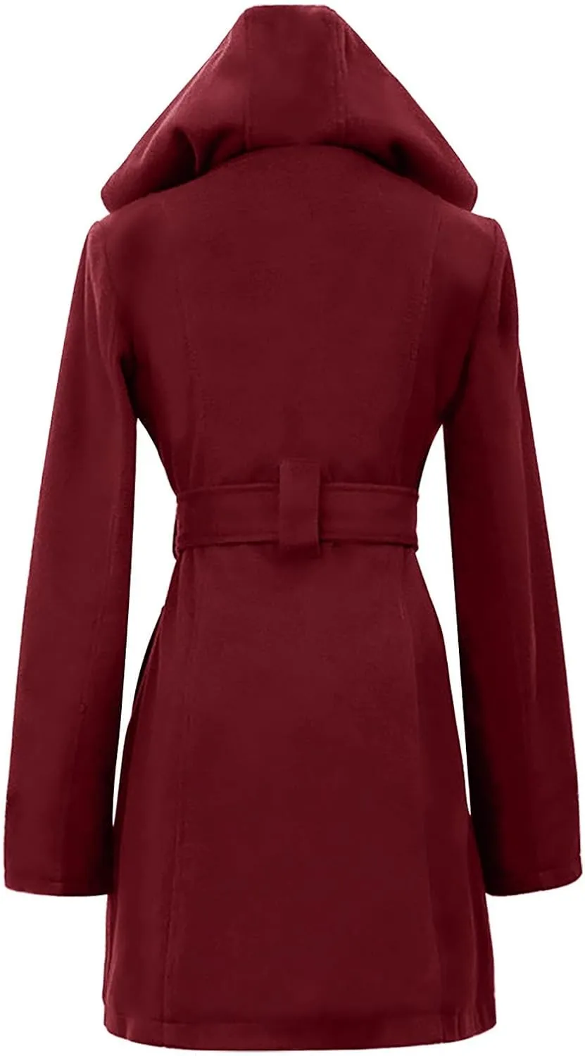 Wkishenl Women's Trench Coat Double Breasted Pea Coat Classic Lapel Mid-Long Overcoat Belted Slim Solid Outerwear with Hood