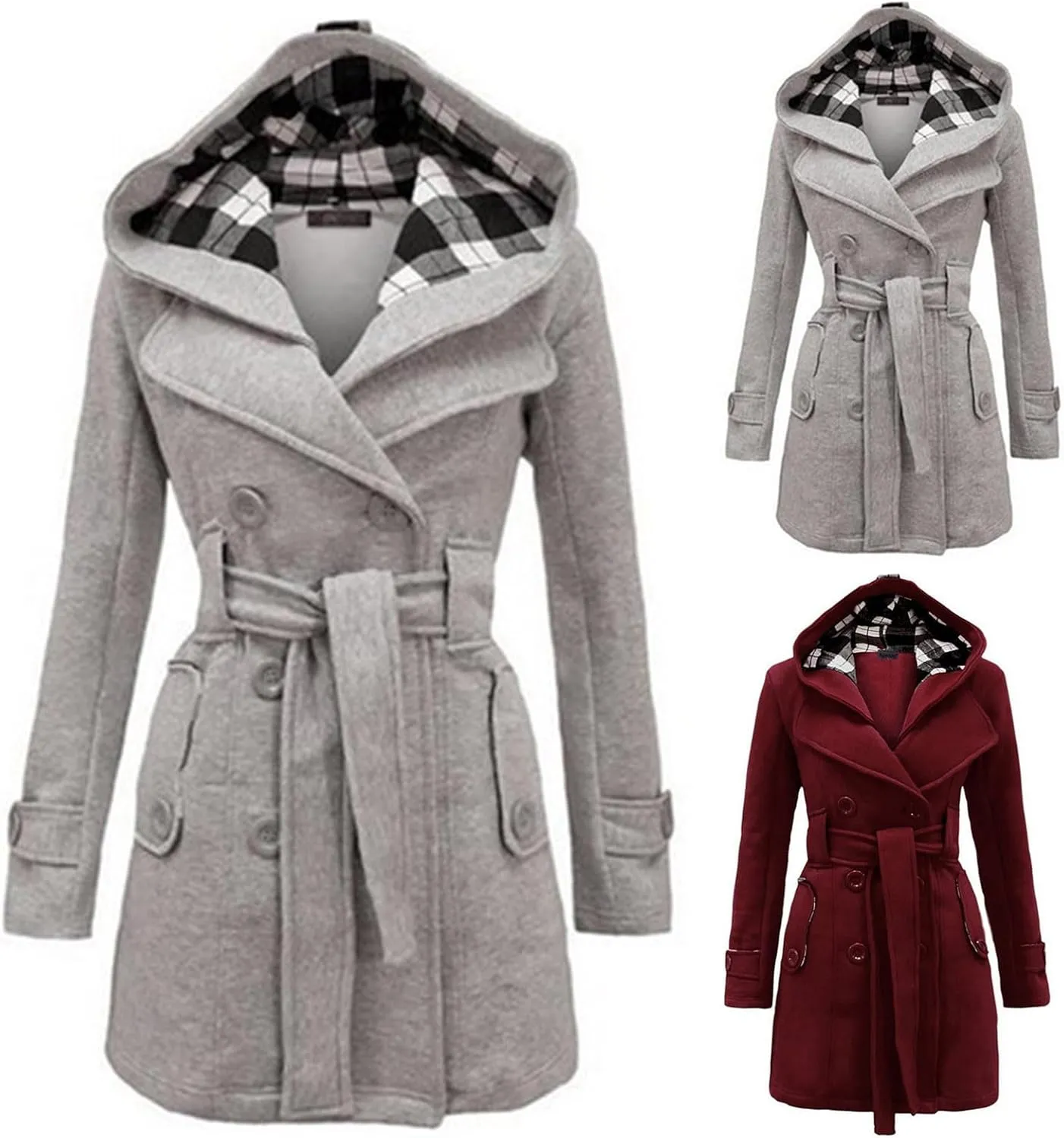 Wkishenl Women's Trench Coat Double Breasted Pea Coat Classic Lapel Mid-Long Overcoat Belted Slim Solid Outerwear with Hood