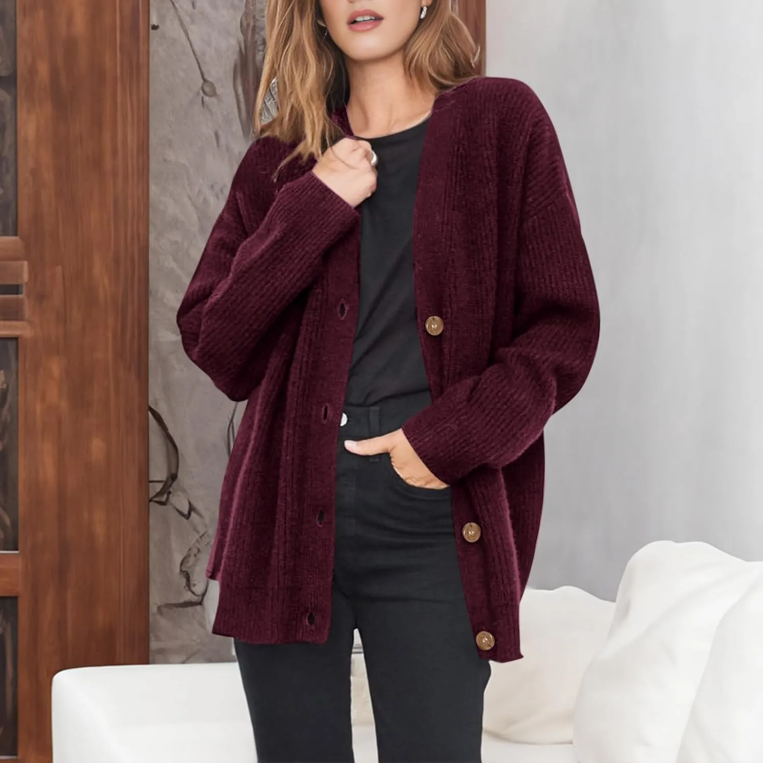 Women Cashmere Cocoon Cardigan Open Front Oversized Button Down Chunky Cardigan V Neck Cardigans Sweaters Knit Coat