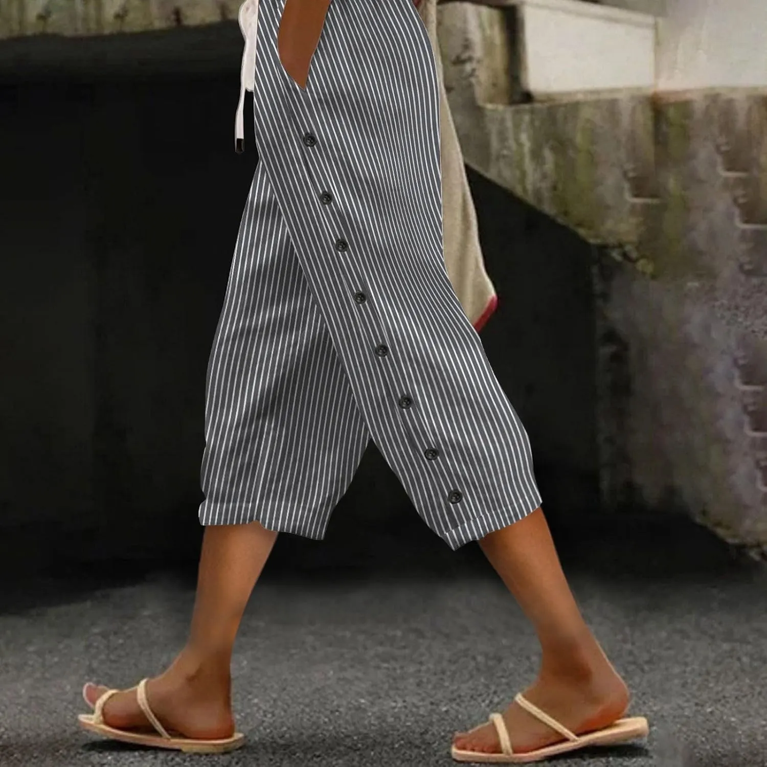 Women Casual Striped Linen Pants Trendy Wide Leg Side Button Trouser Office Work Relaxed Business Dressy Casual Pant