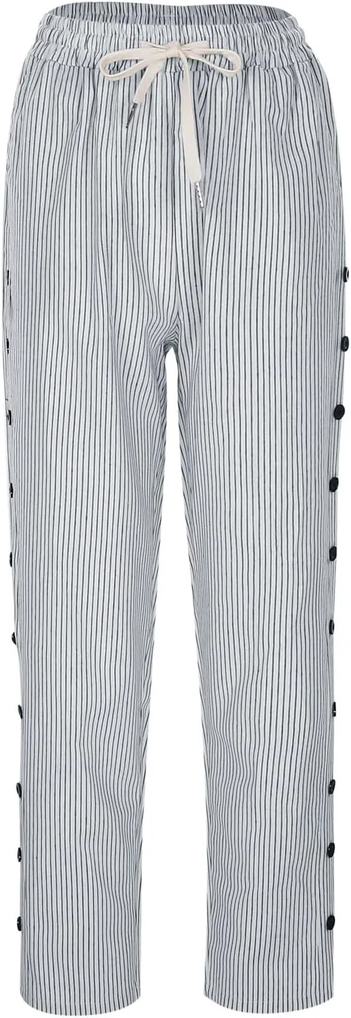Women Casual Striped Linen Pants Trendy Wide Leg Side Button Trouser Office Work Relaxed Business Dressy Casual Pant