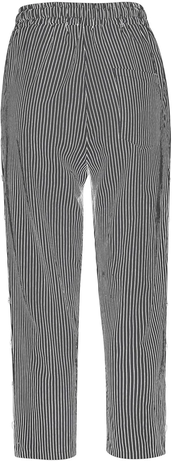 Women Casual Striped Linen Pants Trendy Wide Leg Side Button Trouser Office Work Relaxed Business Dressy Casual Pant