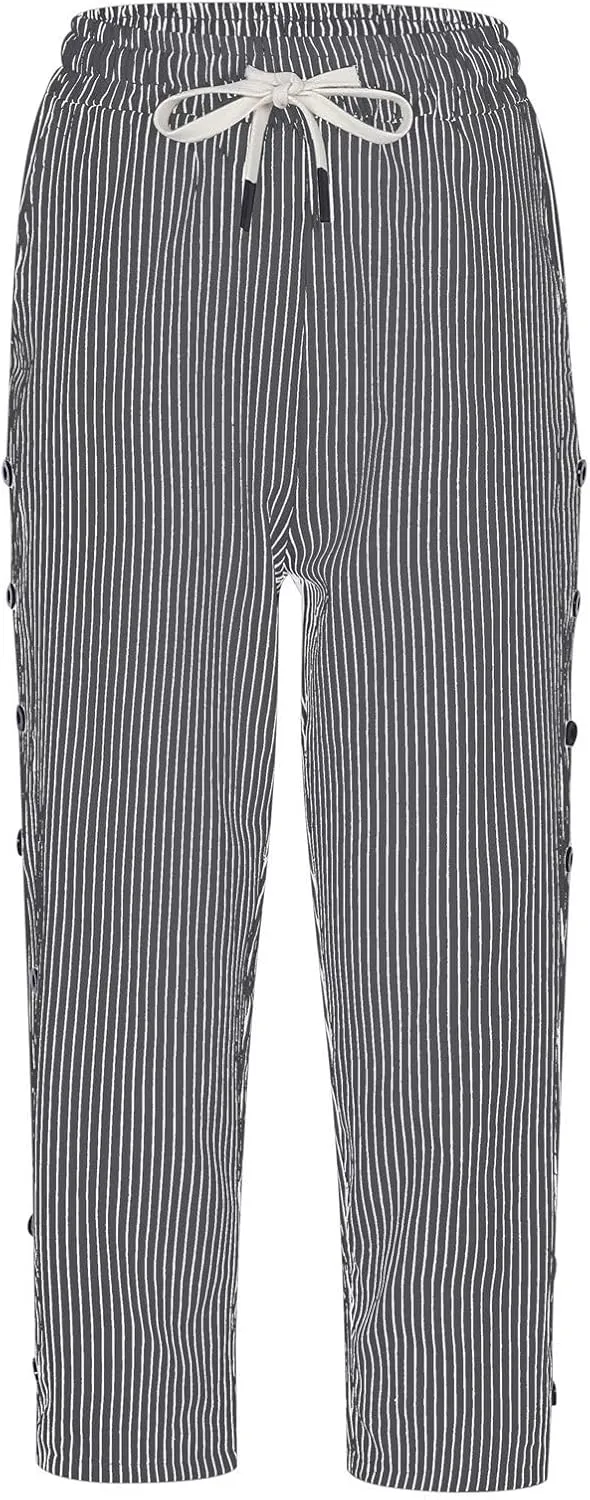 Women Casual Striped Linen Pants Trendy Wide Leg Side Button Trouser Office Work Relaxed Business Dressy Casual Pant