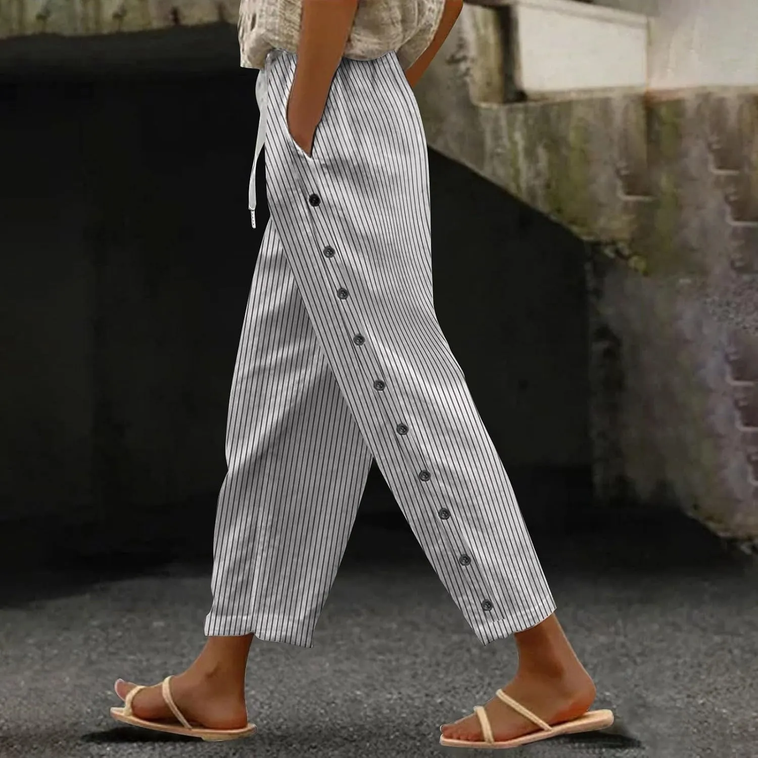 Women Casual Striped Linen Pants Trendy Wide Leg Side Button Trouser Office Work Relaxed Business Dressy Casual Pant