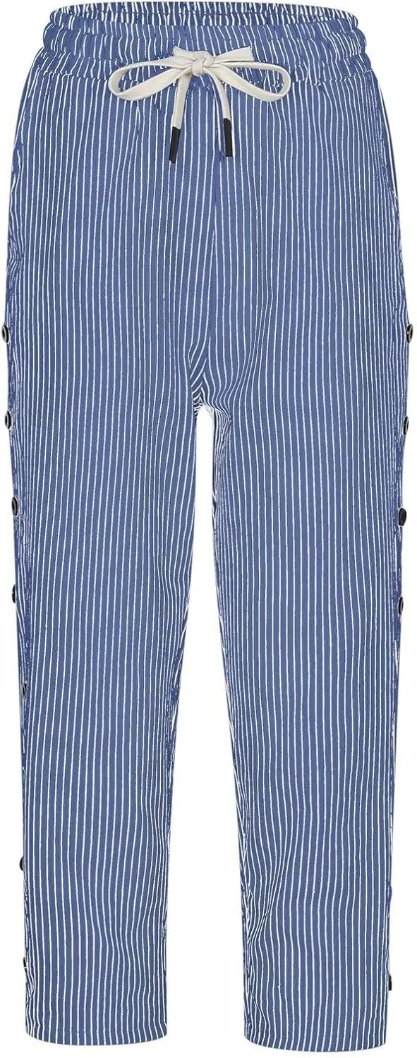 Women Casual Striped Linen Pants Trendy Wide Leg Side Button Trouser Office Work Relaxed Business Dressy Casual Pant