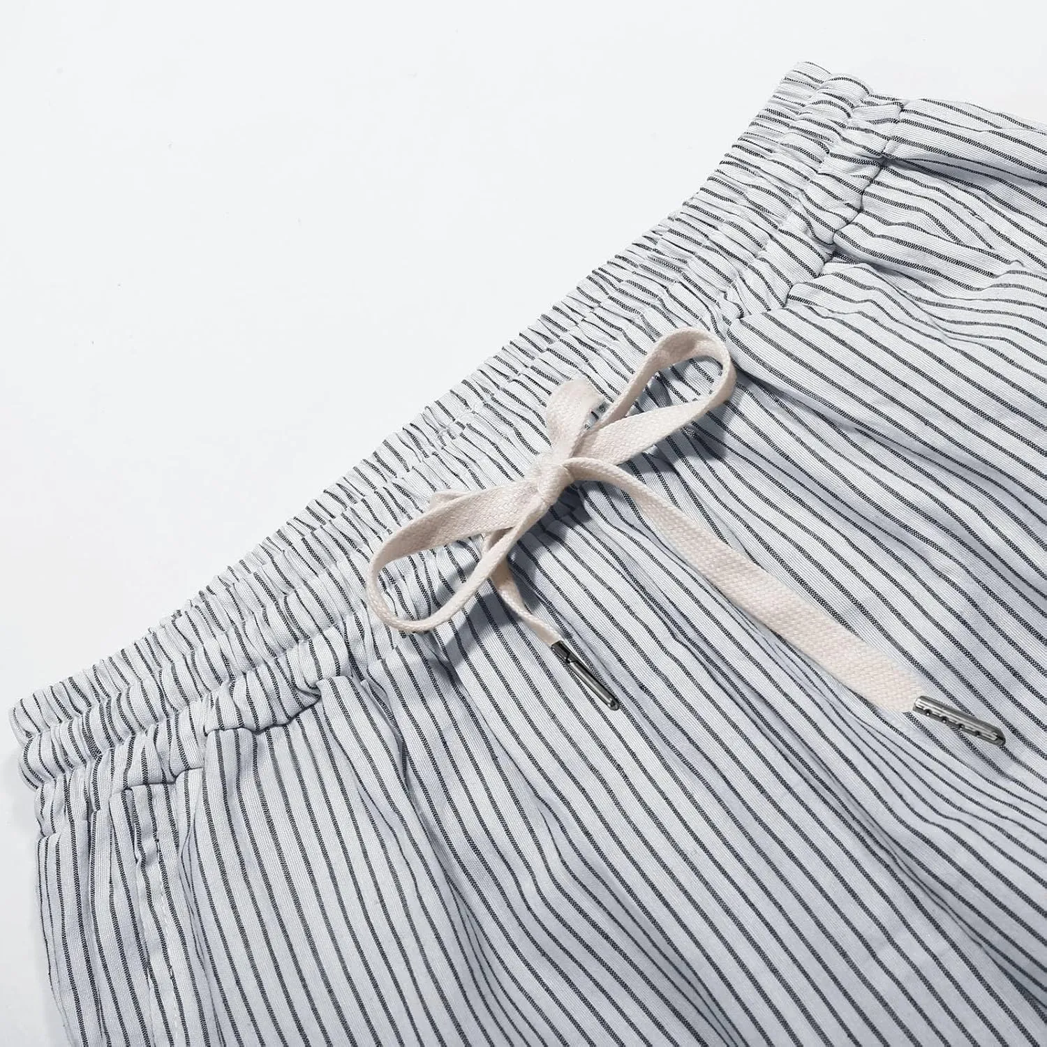 Women Casual Striped Linen Pants Trendy Wide Leg Side Button Trouser Office Work Relaxed Business Dressy Casual Pant