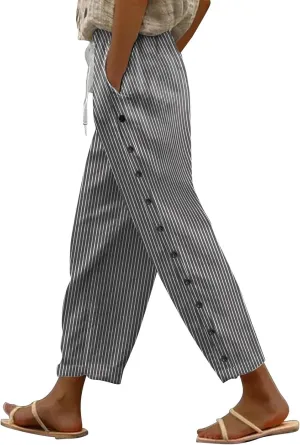 Women Casual Striped Linen Pants Trendy Wide Leg Side Button Trouser Office Work Relaxed Business Dressy Casual Pant