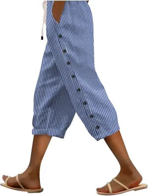 Women Casual Striped Linen Pants Trendy Wide Leg Side Button Trouser Office Work Relaxed Business Dressy Casual Pant