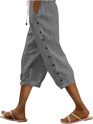 Women Casual Striped Linen Pants Trendy Wide Leg Side Button Trouser Office Work Relaxed Business Dressy Casual Pant