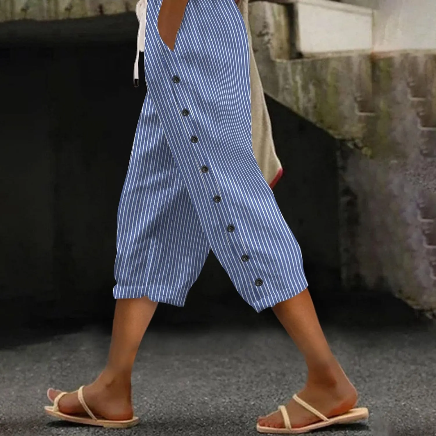 Women Casual Striped Linen Pants Trendy Wide Leg Side Button Trouser Office Work Relaxed Business Dressy Casual Pant