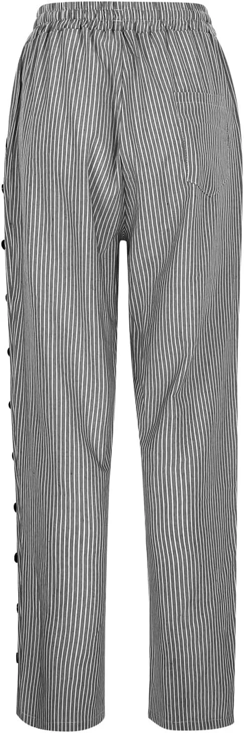 Women Casual Striped Linen Pants Trendy Wide Leg Side Button Trouser Office Work Relaxed Business Dressy Casual Pant