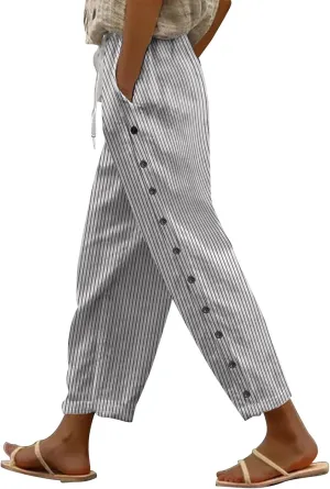 Women Casual Striped Linen Pants Trendy Wide Leg Side Button Trouser Office Work Relaxed Business Dressy Casual Pant